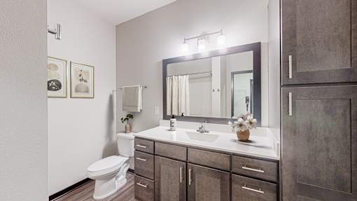 A bathroom with a toilet, sink, and mirror.