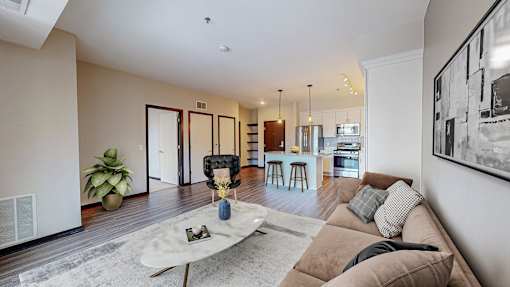 A living room with a couch, a coffee table, and a potted plant.