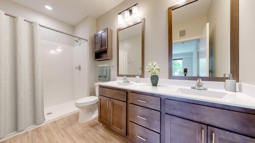 a bathroom with a toilet and a sink and a mirror at The Morrison, Rosemount Minnesota