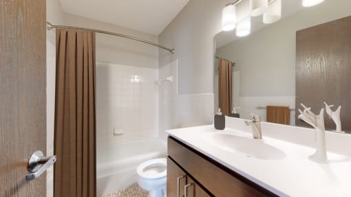 a bathroom with a shower toilet and sink