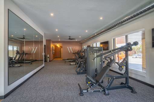 A gym with a mirror on the wall and a row of treadmills.