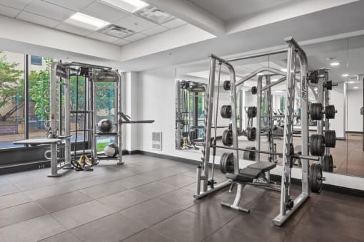 the gym is equipped with weights and cardio equipment