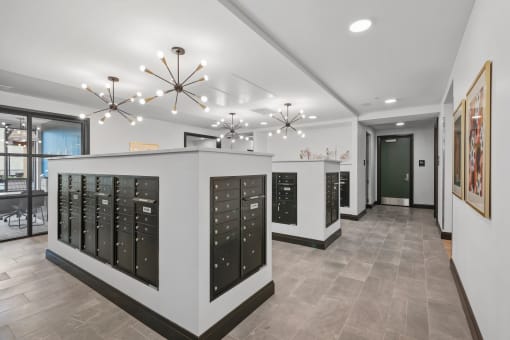 the tasting room has a wall of wine cabinets and a long hallway with a door