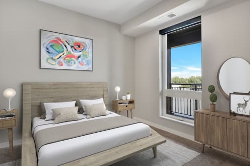 a bedroom with a large window and a bed with a wooden headboard