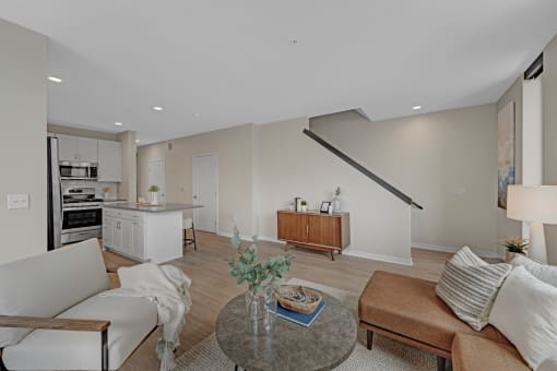 a living room with a couch and a table