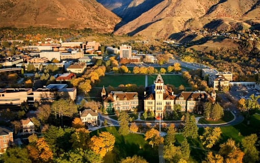 aerial view of USU campus with mountains