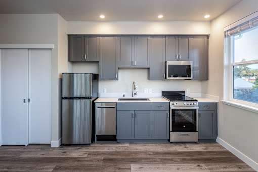 Modern kitchen at 888 Fourth Street Apartments, LLC, Santa Rosa, California