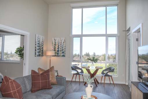 Living room with a grey couch at 888 Fourth Street Apartments, LLC, Santa Rosa, California