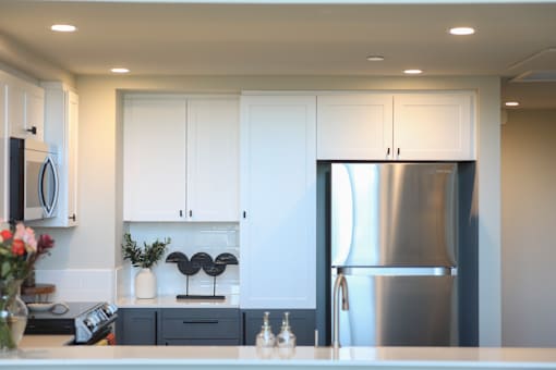 Modern kitchen with stainless steel refrigerator at 888 Fourth Street Apartments, LLC, California, 95404
