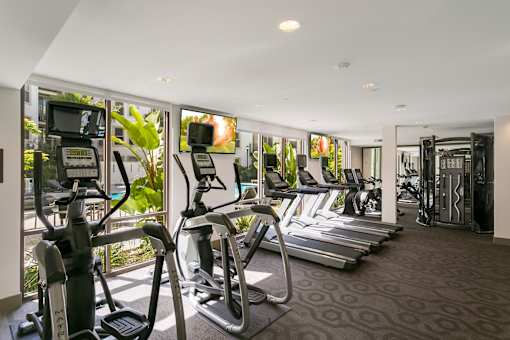 A gym with treadmilers, elliptical machines and other cardio equipment. at Cirrus Redwood City Apartments, California, 94061
