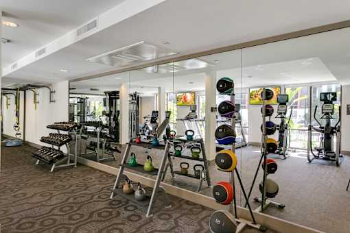 A gym with a variety of equipment including weights and machines. at Cirrus Redwood City Apartments, California