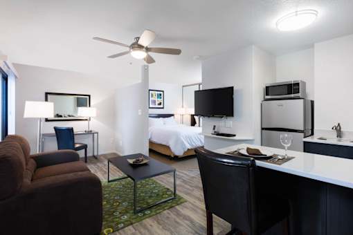 A modern living room with a brown sofa, a glass coffee table, a television, and a bed in the background. at The Maddox Sunnyvale Apartments, California, 94087