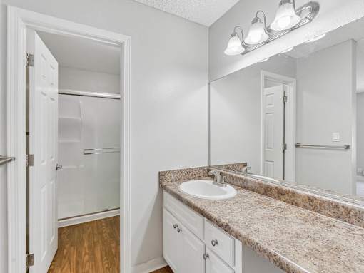 a bathroom with a sink and a mirror at Summerwood Apartments, Santa Clara, CA