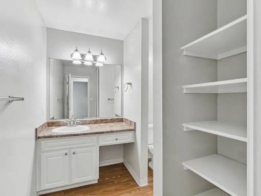a bathroom with a sink and a mirror and a closet at Summerwood Apartments, Santa Clara, CA