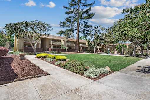 a sidewalk leading to a building with a lawn and trees at Summerwood Apartments, Santa Clara, 95050