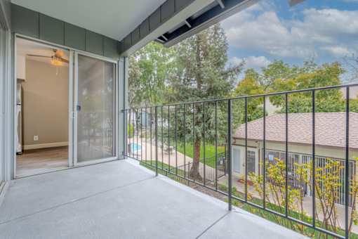a balcony with a view of a yard and a sliding glass door at Danville Park, Danville, CA, 94526