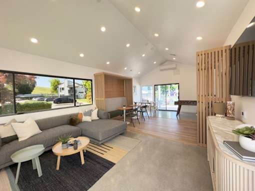 a rendering of a living room with a couch and a table at Diablo Vista, Livermore