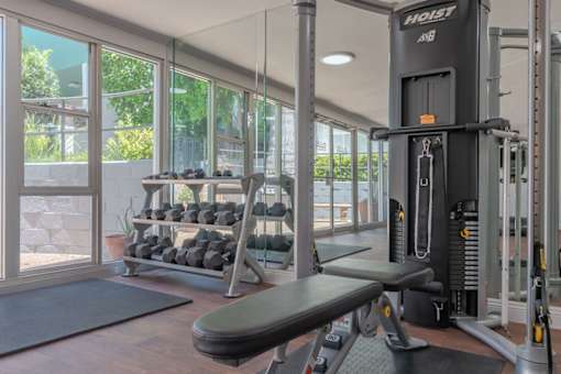 a gym with weights and cardio equipment and a window at The Flats on Addison, Sherman Oaks California