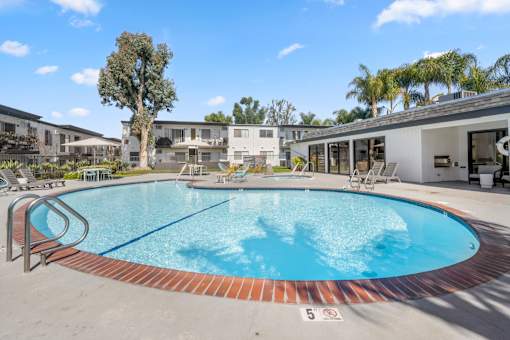 A swimming pool with a no swimming sign on the ground at Latitude Apartments at Mission Valley Apartments, California, 92120