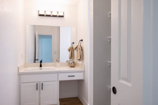 A bathroom with a white vanity and a mirror above it at Summerwood Apartment , Santa Clara, 95050