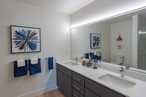 A bathroom with a white sink and a large mirror.