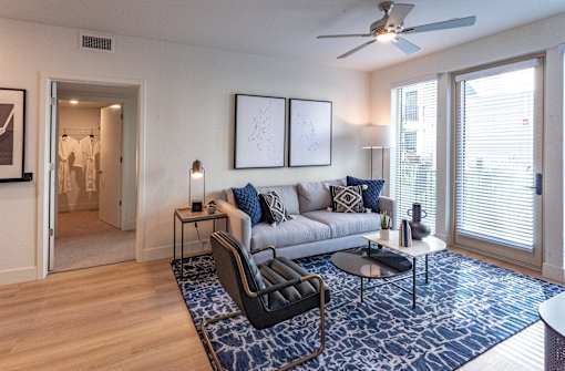 A living room with a grey couch, a black chair, and a blue patterned rug.