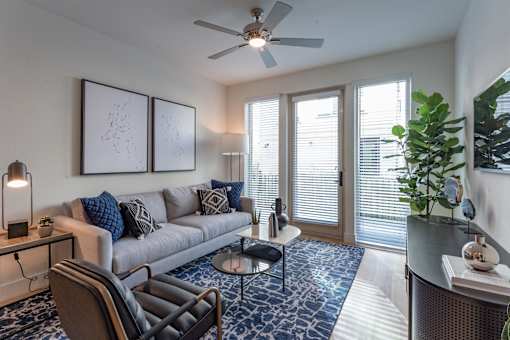 A living room with a grey couch, a blue rug, and a ceiling fan.