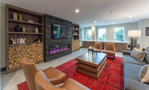 A modern living room with a fireplace and a television.