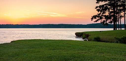 a view of a lake at sunset with grass and trees