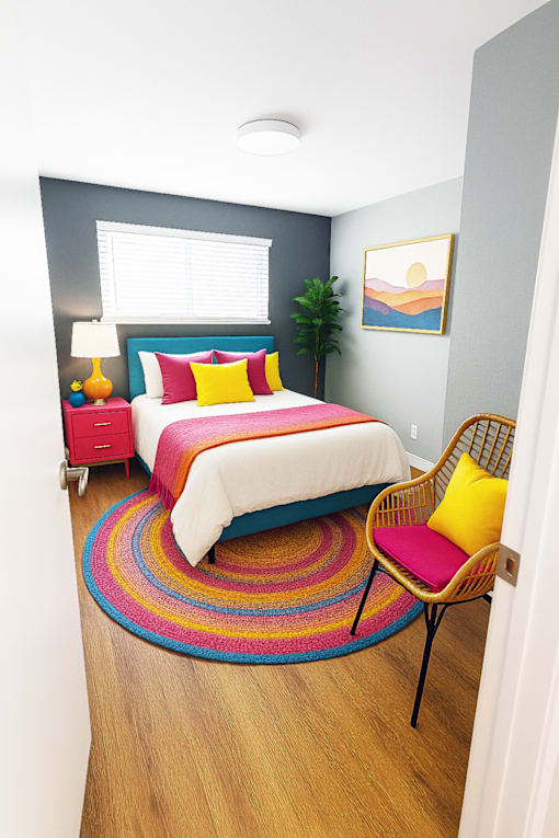 A bedroom with a bed, a chair, and a rug.