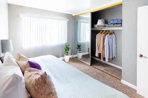 A bedroom with a bed, pillows, a plant, and a closet.