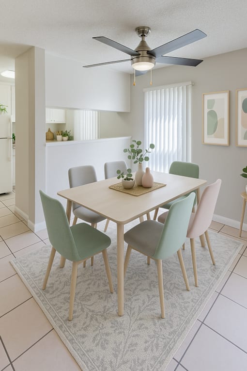 A dining room with a table and chairs.