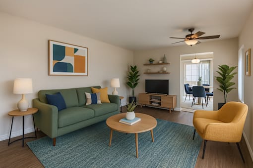 A living room with a green couch, a yellow chair, and a painting on the wall.