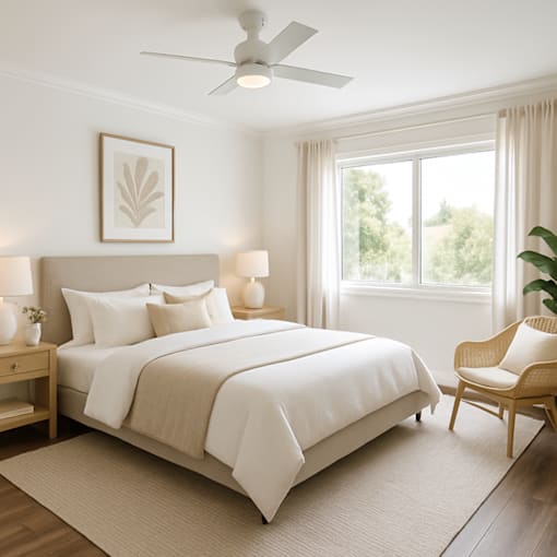 A bedroom with a large bed, a chair, and a ceiling fan.