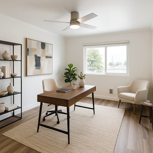 A room with a desk, chair, and shelf with vases.