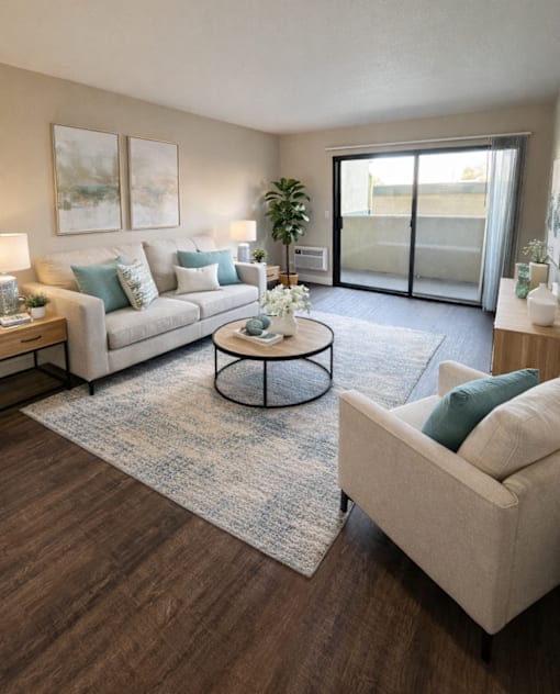 A living room with a grey couch, a coffee table, and a plant.