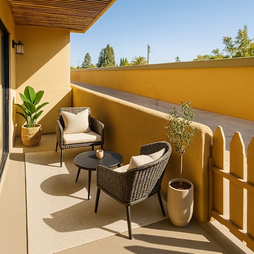 A patio with a table, chairs, and a potted plant.