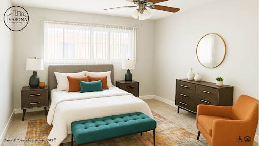 A bedroom with a bed, two nightstands, a bench, and a chair.