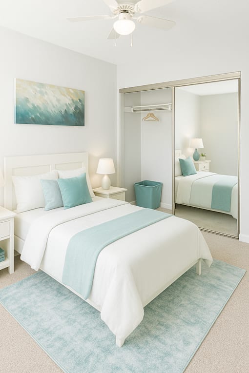 A bedroom with a large bed and a mirror.