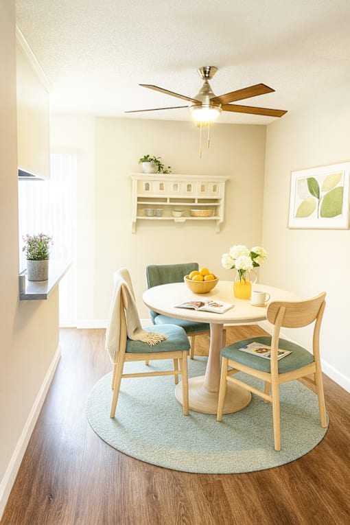 A dining room with a table set for two.