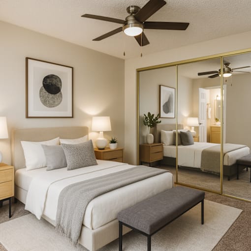A bedroom with a large bed, a bench, and a mirror.