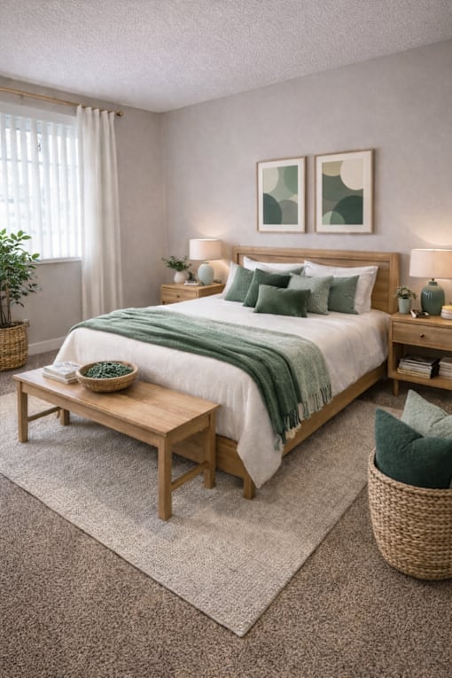 A bedroom with a bed, nightstands, and a plant.