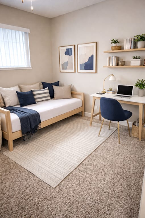 A cozy room with a bed, desk, and chair.