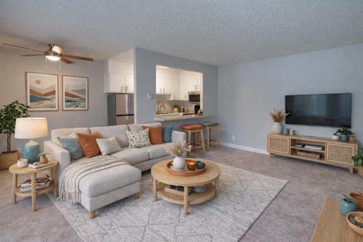 A living room with a grey couch, a wooden coffee table, and a television.