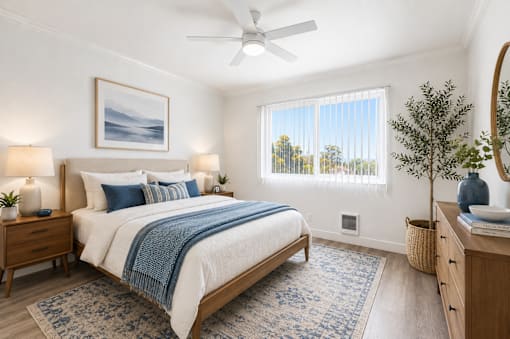 A bedroom with a bed, nightstand, and a plant.