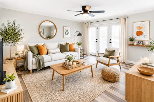A living room with a white couch, a wooden coffee table, and a round mirror on the wall.