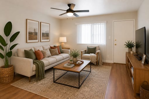 A living room with a white couch, a coffee table, and a ceiling fan.
