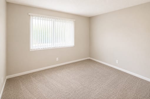 A room with a carpeted floor and a window with blinds.