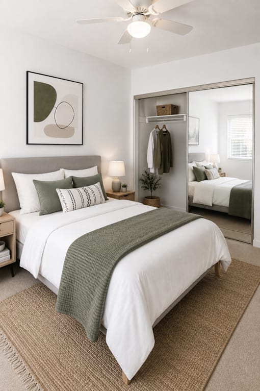 A bedroom with a large bed and a mirrored closet door.