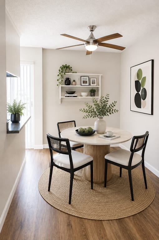 A dining room with a round table and chairs.